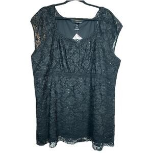 JNJ Women’s Black Lace Sequined Lined Top Short Sleeve Empire Waist Shiny 2X NEW